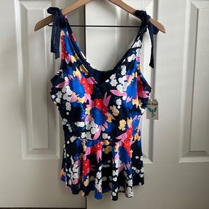 NWT Sea Angel Navy Floral Peplum Bow Tankini Swim Top Size XL